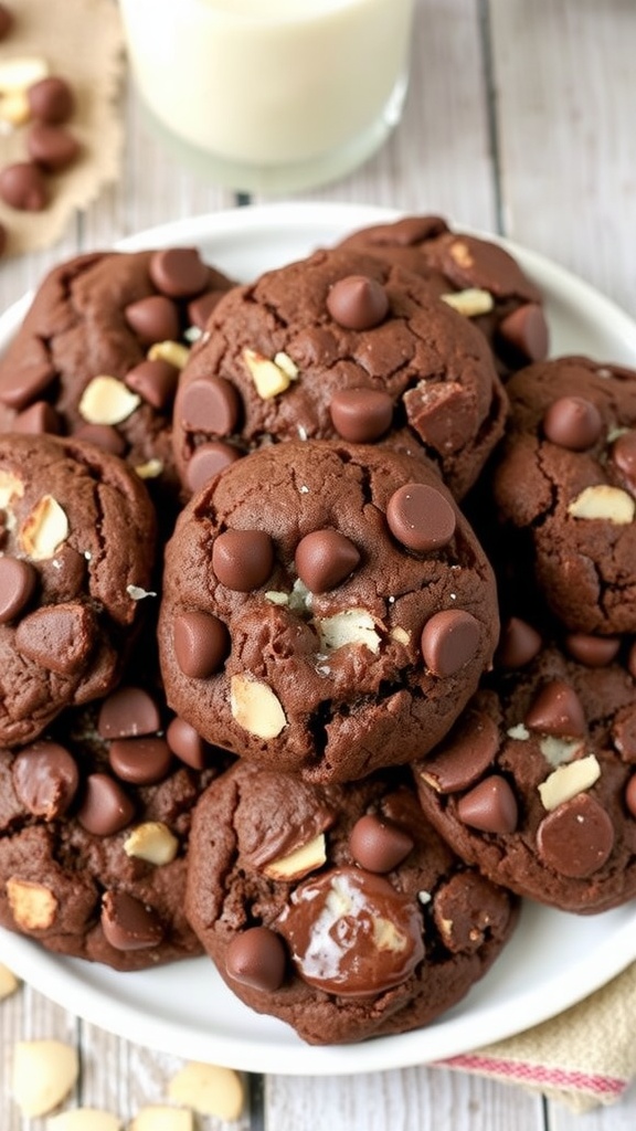 A plate of Chocolate Coconut Almond Cookies with chocolate chips, coconut, and almonds, next to a glass of milk.